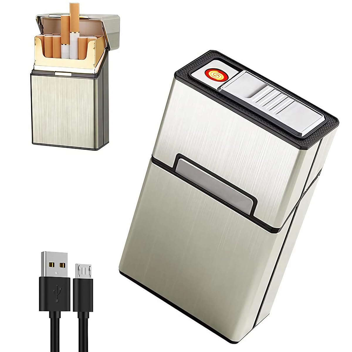 GUSTAVE Brushed Aluminum Cigarette Case with USB Electric Lighter, Portable Cigarette Box for Whole Package 20pcs Cigarettes, Flameless Lighter, Moisture-Proof and Scratch(Golden) GUSTAVE Brushed Aluminum Cigarette Case with USB Electric Lighter, Portable Cigarette Box for Whole Package 20pcs Cigarettes, Flameless Lighter, Moisture-Proof and Scratch(Golden)